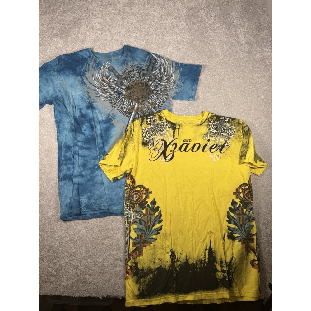 AXR‎ XZAVIER 2XL Double Sided Yellow & Blue Distress Grunge Y2K AOP USA Lot Of 2